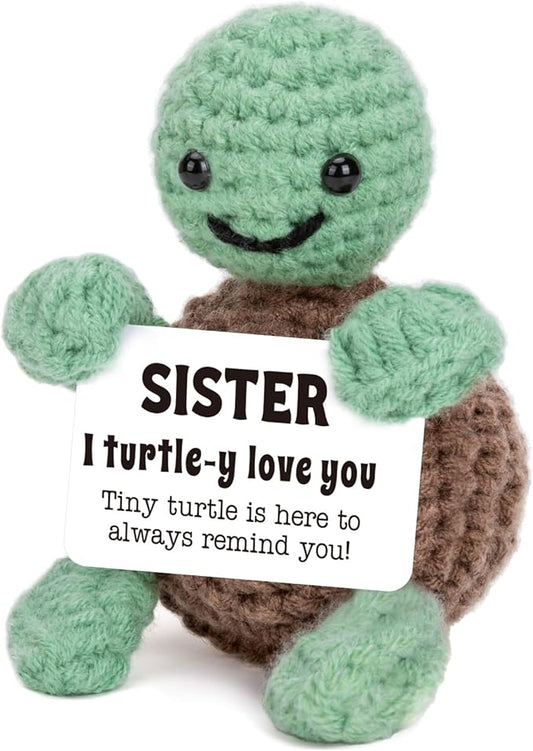 4THFARMES Mini Funny Turtle Sister Gifts Birthday Easter Mothers Day, Soul Sister Friend Gifts for Women Girls Presents, I Love You Small Cute Stuff Things, Handmade Emotional Positive Crochet Turtle