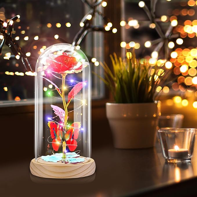 Otlonpe Preserved Forever Mothers Day Flower Gifts for Mom, Glass Rose Wood Base Colorful Light Butterfly Gifts for Women Grandma Girlfriend Wife Her, Valentines Mothers Day Christmas Birthday