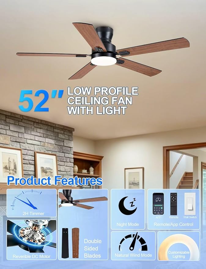 Ceiling Fans with Lights, 52'' Low Profile Ceiling Fan with Light and Remote/APP Control, Modern Flush Mount Ceiling Fan for Indoor Bedroom Living Room, Dimmable, Qiuet DC Motor, Brown
