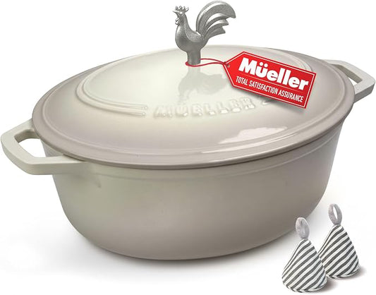 MUELLER HOME 5.5 Quart Enameled Cast Iron Oval Dutch Oven with Rooster Knob & Cotton Potholders, Heavy-Duty Cookware, Oven-Safe up to 500° F & Across All Cooktops, Gifts for Grandma & Women, White | Rooster Knob, Cotton Potholders Included, Oven-Safe u...