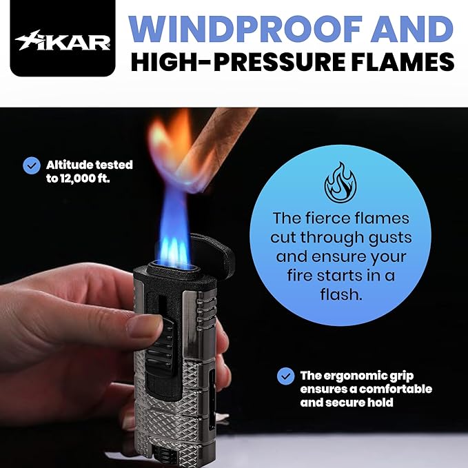 XIKAR Tactical Triple-Jet Lighter, Gunmetal and Black | Powerful Jet Flame for Cigars with Pocket Clip, EZ-View Fuel Window, Adjustable Flame Height & Pull Down Ignition Trigger, Ideal for Outdoor Use