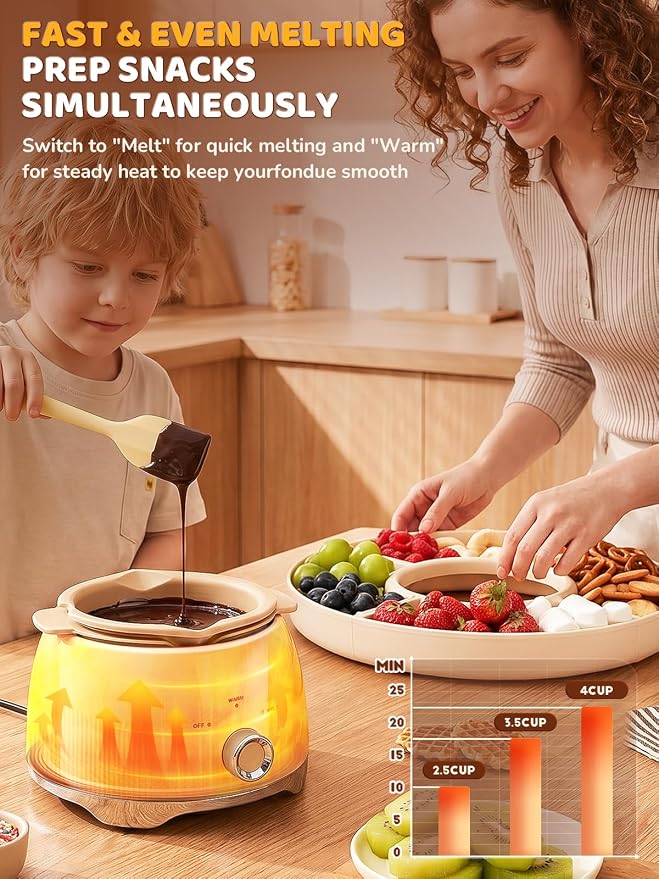 Electric Chocolate Fondue Set, 4-Cup Chocolate, Rotating Tray | Melt & Warm Modes, Dual Silicone Inserts, 6 Color-Coded Forks, Easy-Clean, Ideal for Candy Melts, Couple Family & Date Night