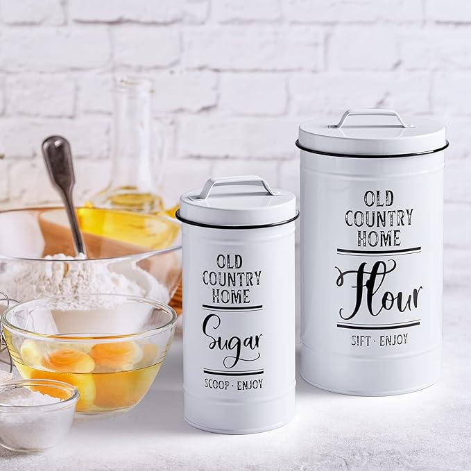 DAYYET Canisters Sets for the Kitchen, Airtight Kitchen Canisters for Countertop, Flour and Sugar Containers, Tea Coffee Sugar Canister Set, Coffee Bar Decor and Accessories, Set of 4, White