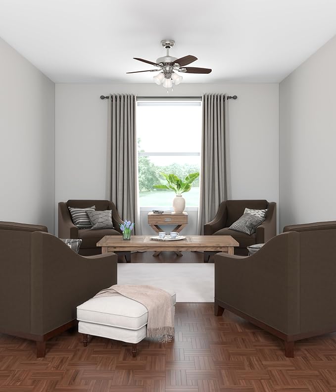 Hunter 42 inch Indoor Ceiling Fan with LED Lights - Ceiling Fan with Pull Chain, For Bedroom or Living Room, Standard Mount, No Remote, 5 Blades, Includes Bulbs - Builder 52106, Brushed Nickel