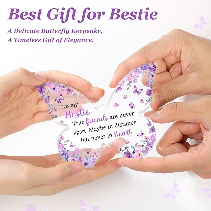 Best Friend Gift for Women, Unique Purple Butterfly Acrylic Plaque Desk Decor, Bestie Best Friend Birthday Gifts for Women Friendship for Bff Bestfriend, 5 x 3.8 x 0.5 inches