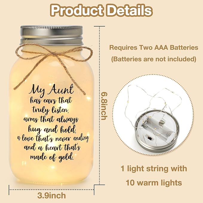 Maracco Mothers Day Aunt Gifts from Niece Nephew, Mason Jar Night Lights Birthday Gifts for Aunts, Auntie Gift Ideas, Best Aunt Ever Gift, Great Favorite Auntie Mason Jar (30oz)