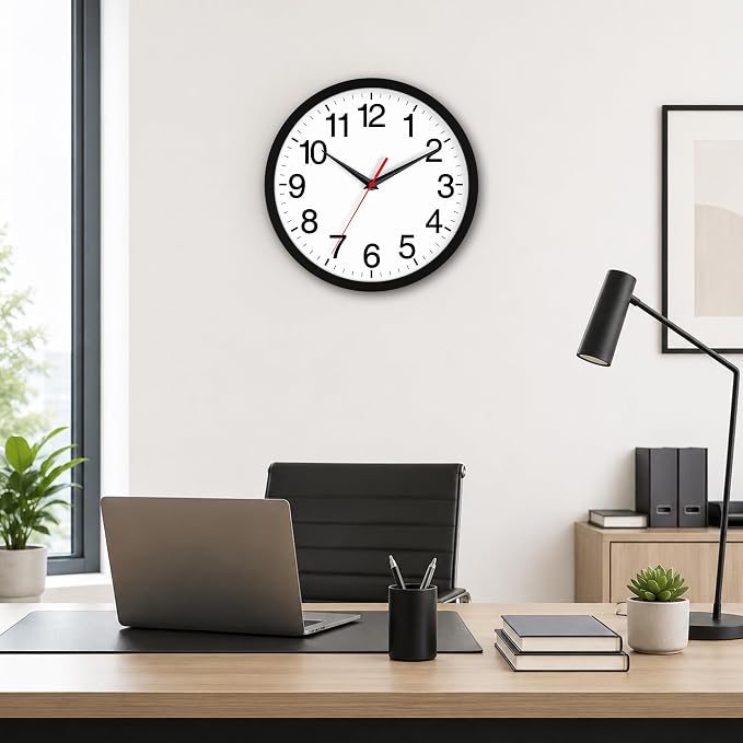 Rohioue Wall Clock Analog 10 Inch Black Battery Operated Silent Clock | Easy To Read, Non Ticking, Round, Accurate, Kitchen, Living Room, Classroom, Office, School