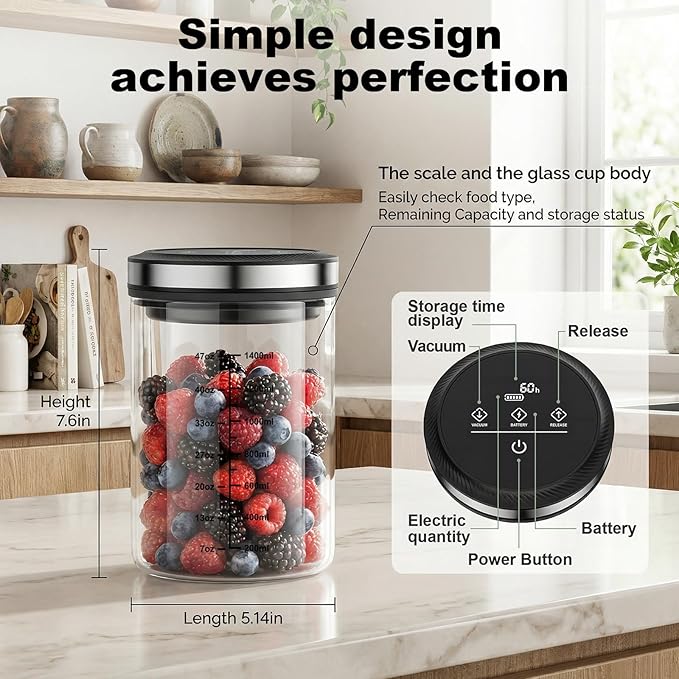 GVODE 1.6L Vacuum Coffee Canister with Time Display, Airtight Coffee Canister for Coffee Beans, Ground Coffee, Spices, 4500 Hours Life, High Borosilicate Glass, Home Kitchen Food Storage Organizers