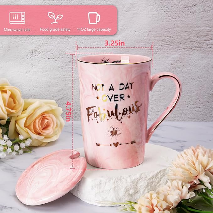 Funny Birthday Gifts for Women - 14Oz Not a Day Over Fabulous Coffee Mug Printed with Gold, Happy Birthday Gift Ideas for Her Bday, Mom, Sister, Best Friends Female, Christmas Ceramic Cup Gift, Pink