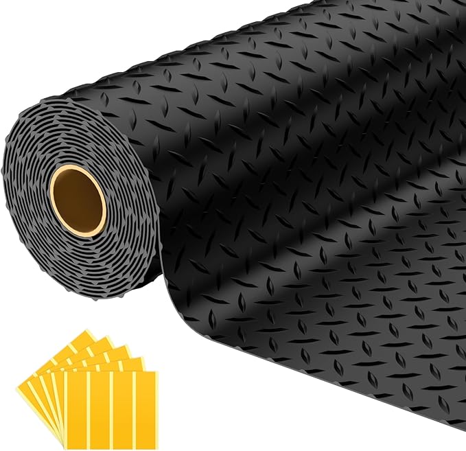 7.5x25 FT Garage Floor Mat, 2.8mm Thickened PVC Flooring Roll for Under Car, 188 SQFT Diamond Plate Black Garage Mats for Garage, Warehouse, Basement, Gyms, Trailer（Included Tapes）