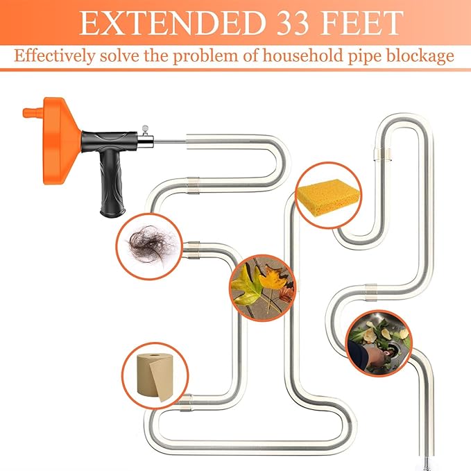 Drain Snake Auger, Plumbing Snake Drain Hair Clog Removal Tool, Sink Unclogger Drain, Heavy Duty Drum Auger, Cleaner Tool for Bathroom Kitchen Tub Shower Drain Clog Remover with Gloves, 33Ft