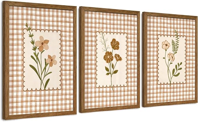 JLTULT Farmhouse Botanical Wall Art Set of 3, Neutral Brown Cottagecore Floral Prints, Wood Framed Wall Decor for Bedroom Living Room Nursery Hallway, 16x24 Inches Each, Ready to Hang
