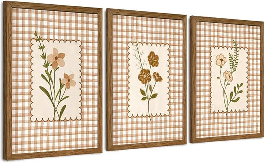 JLTULT Farmhouse Botanical Wall Art Set of 3, Neutral Brown Cottagecore Floral Prints, Wood Framed Wall Decor for Bedroom Living Room Nursery Hallway, 16x24 Inches Each, Ready to Hang