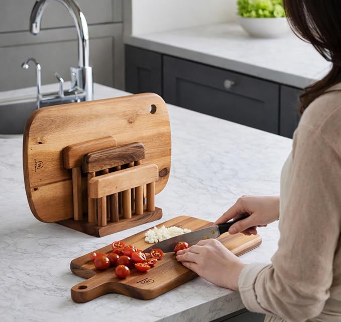 Acacia Wood Cutting Board Holder, Dual Slot Solid Wood Kitchen Organizer and Storage Stand