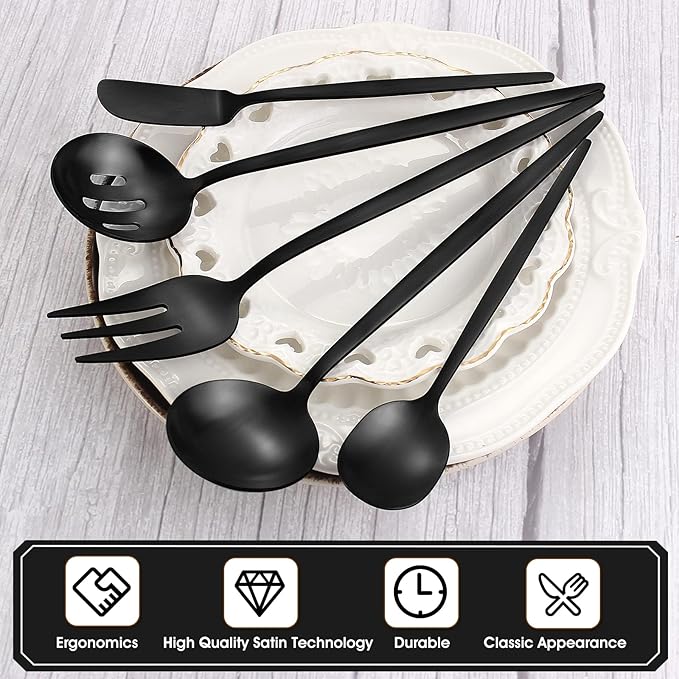 VANVRO Matte Black Serving Silverware Set, 5-Piece Round Shared Utensils Set of Stainless Steel, Hostess Flatware Serving Set, Satin Finish, Dishwasher Safe