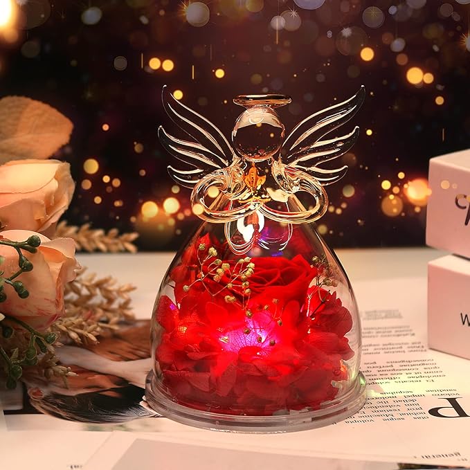 Mothers Day Mom Gifts for Mom,Fresh Flowers for Delivery,Birthday Gifts for Women Her,Preserved Flowers in Angel Figurines,Angel Gifts for Moms Mothers Day Grandma Wife Sister,Light Up Red Gift