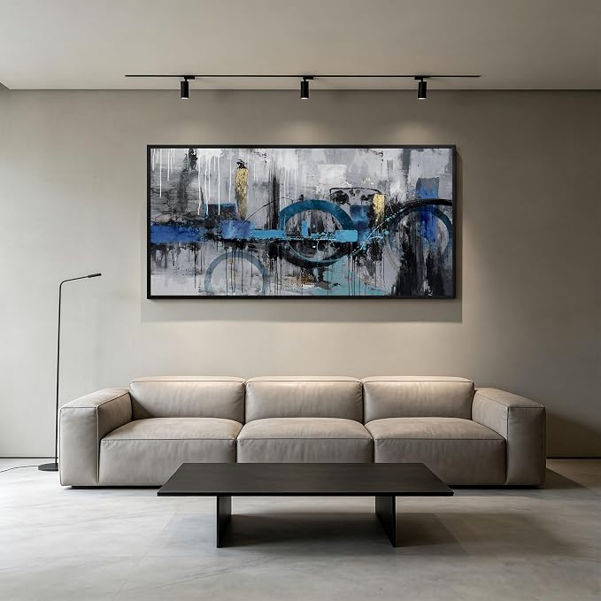 KLAKLA Abstract Wall Art - Blue and Gray Pictures Canvas Artwork for Living Room Bedroom Horizontal Black Framed Above Bed Wall Decor - 24x48