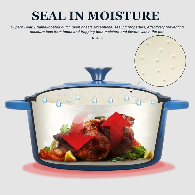 Overmont Enameled Cast Iron Dutch Oven - 7QT Pot with Lid Cookbook & Cotton Potholders - Heavy-Duty Cookware for Braising, Stews, Roasting, Sourdough Baking blue
