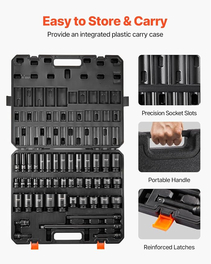 VEVOR Impact Socket Set 1/2" Socket Set 43 Piece Deep & Shallow SAE 3/8" to 1-1/2", 6 Point Cr-Mo Alloy Steel for Auto Repair, Easy-to-Read Size Markings, Rugged Construction, Storage Case