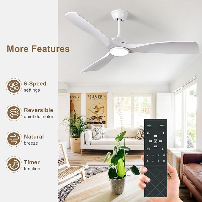 White Ceiling Fan with Light: 52-Inch Ceiling Fan 3 Blades Low Profile Outdoor - Modern Ceiling Fans with Remote APP Control Quiet Reversible DC Motor for Patio Living Room