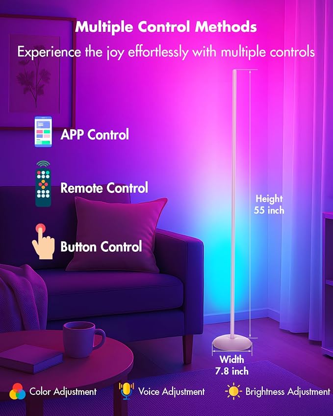 LED Corner Lamp, Smart RGB Floor Lamp with Music Sync, APP & Remote | Floor Lamp Dimmable with 16 Million Color Changing, Music Sync, Standing Lamps for Bedroom, Living Room, Gaming Room - Silver