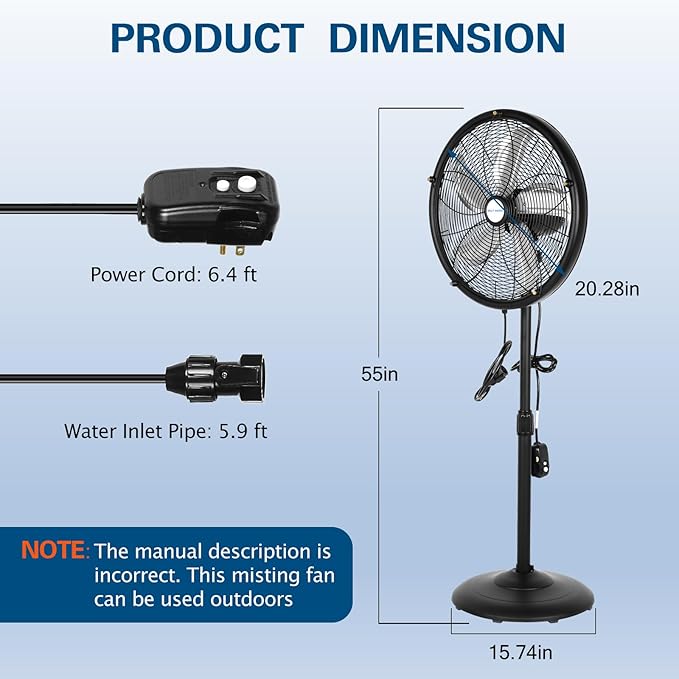 BILT HARD 18" Oscillating High-Velocity Outdoor Pedestal Misting Fan, 3-Speed Patio Fans for Outside, Adjustable Height, 120° Oscillation, Waterproof, Industrial Fan for Outdoor- UL Listed Black