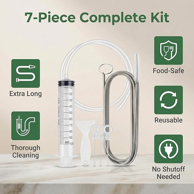 MUAECH 7-Piece Refrigerator Drain Hole Cleaner Kit, 60in Flexible Fridge Drain Cleaning Brush & Hose Set with Syringe, Plungers and Shovel for Unclogging Fridge Water Line & Dispenser