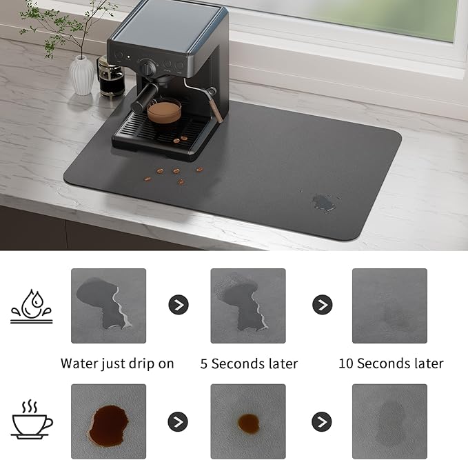 Ecotrim Absorbent Coffee Mat , Stain Hiding PU Leather Surface, Non-Slip Natural Rubber Backing, Quick Dry Mat for Espresso Machine, Kitchen Counter ,Dark Grey | 12" x 19"