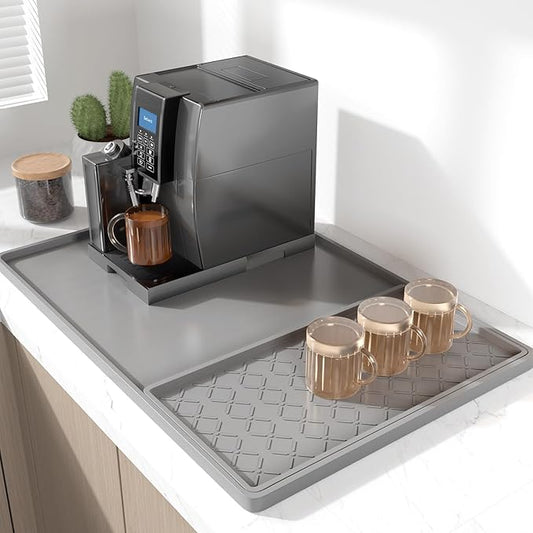 Rnivvi Silicone Coffee Mat, 16" x 24" Waterproof Raised Edge Coffee Bar Mats for Espresso Machine Station Accessories, Heat Resistant Detachable Dish Drying Pad for Kitchen Counter, Dish Rack, Gray