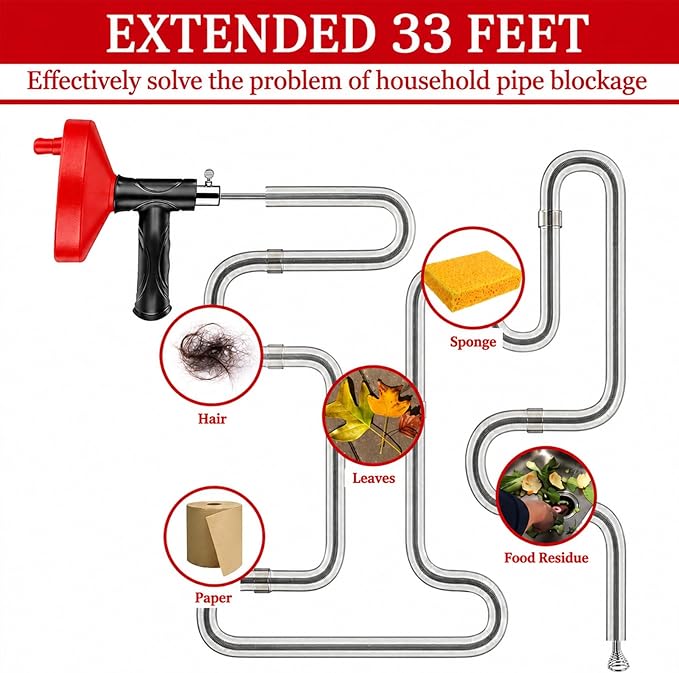 Drain Snake Auger 33 Ft, Plumbing Snake Drain Hair Clog Removal Tool, Heavy Duty Snake Auger, Sink Unclogger Drain Cleaner Tool for Bathroom Kitchen Tub Shower Drain Clog Remover with Gloves, Red