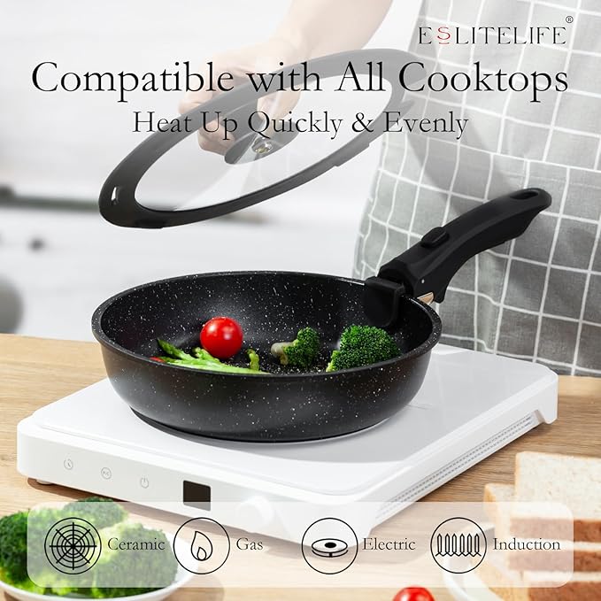 ESLITE LIFE Nonstick Ceramic Frying Pans Skillets Set with Lids & Detachable Handle, Non-Toxic Egg Omelette Kitchen Cooking Pans Compatible with All Stovetops, PTFE & PFOA Free, Black, 7-Piece