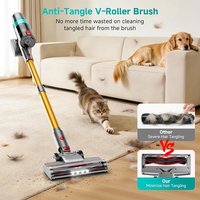 Cordless Vacuum Cleaner:Portable 6-in-1 Stick Vacuum with Anti-Tangle Brush | LED Headlight, Self-Standing, HD Display, Rechargeable Vacuum for Pet Hair, Low-Pile Carpet and Hardwood Floor-Green