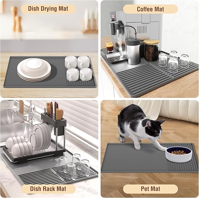 Silicone Coffee Mat with Raised Edges, 20'' X 12'', Bar Mat for Countertops, Fits Under Coffee Maker, Espresso Machine, Dish Drying Mat (GRAY)