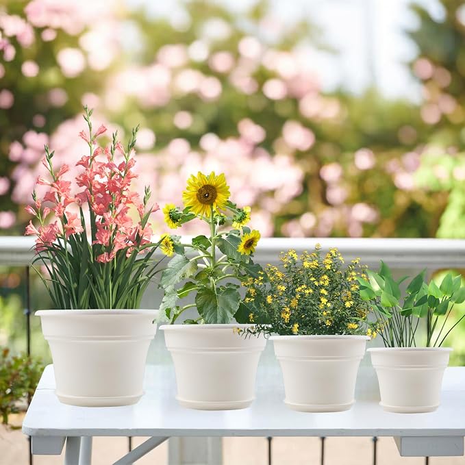 Pottiffe 11 Inch Plastic-Flower-Pot-for-Indoor-Plants, 4 Pack Large Outdoor Planter Pot with Drainage Holes & Saucers, Resin Decorative Garden Pots Planters