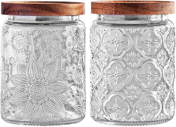 Glass Jar with Lid, Vintage Glass Storage Jars with Airtight Lid Coffee Canister Sugar Container for Kitchen Counter Pantry, Flour, Candy, Tea, Coffee Beans, Oats (Begonia Sunflower Round)