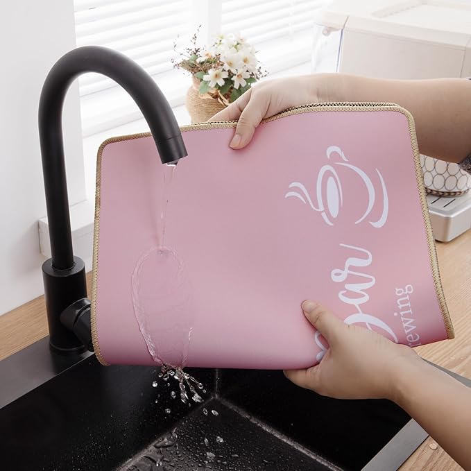 SHACOS Coffee Mat 2 Pack 12x19 Inch Absorbent Non Slip Rubber Bar Accessories Coffee Maker Mat for Countertop Dish Drying Mat Heat Resistant, Pink