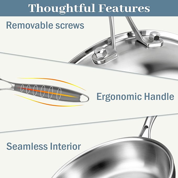 Stainless Steel Cookware Set - 10.26-Inch 3-Ply Heavy Duty Kitchen Set, Detachable Handle, Induction Compatible, Oven and Dishwasher Safe for All Cooktops