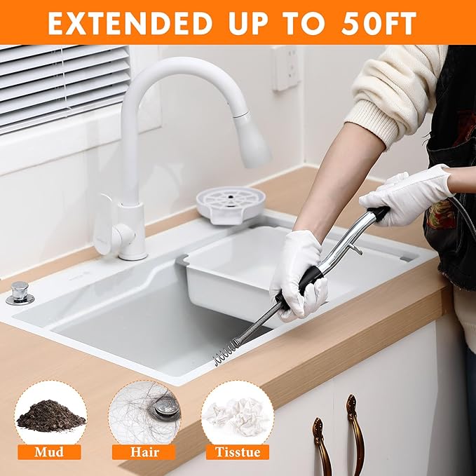 Threlaco 50 ft Drain Auger Plumbing Snake for Heavy Deep Blockages 3/8" Diameter Flexible Plumbing Cables Drain Snake for Kitchen Bathroom Shower Sink Cleaning Drainage Clogs