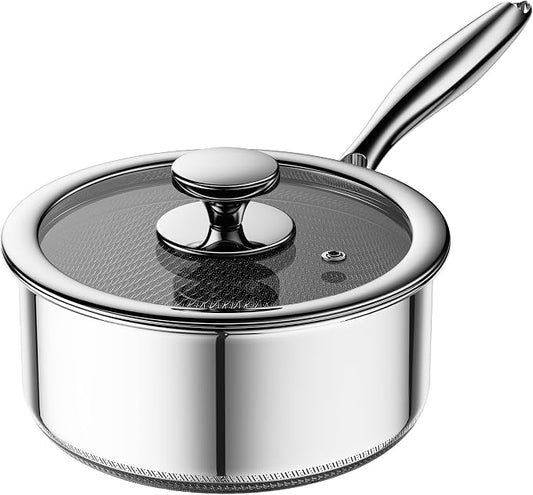 1 Quart Stainless Steel Saucepan with Glass Lid,6 Inch Hybrid Nonstick Sauce Pan,PFAS PFOA PTFE Free,Stay-Cool Handle,Dishwasher-Friendly,Oven-Safe,Small Pots Compatible with All Cooktops