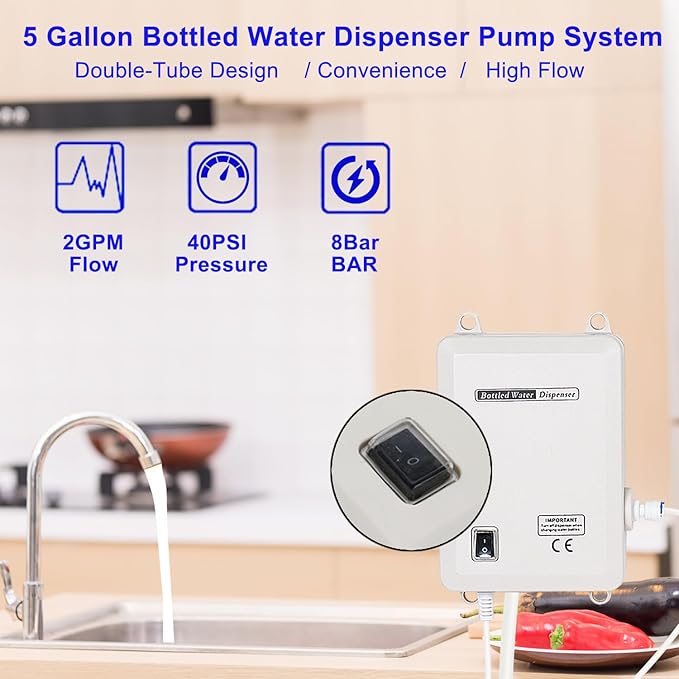 Bottled Water Dispenser Pump System Double-Tube for Refrigerator,Water Pump for 5 Gallon Jug Power 45PSI for Kitchen,110V Electric Drinking Water Dispensing Bottle for Ice Coffee Tea Maker