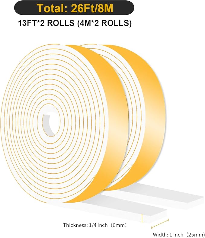 Weather Stripping Door Seal Strip,Front Door Weather Stripping,Insulation Tape for Door Frame,Window,Air Conditioner (White,1 in x 1/4 in x 26Ft)