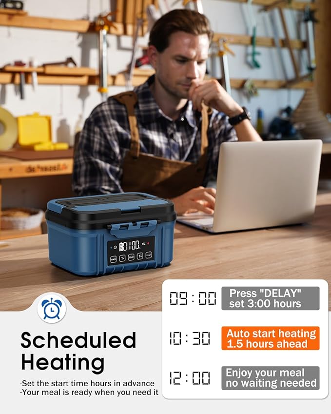 Cordless Electric Lunch Box for Adults – Battery-Powered Heated Lunch Box with 1.2L Stainless Steel Container, Timer Function, and Leak-Proof Food Warmer for Work, Travel & Office(Aqua Blue)