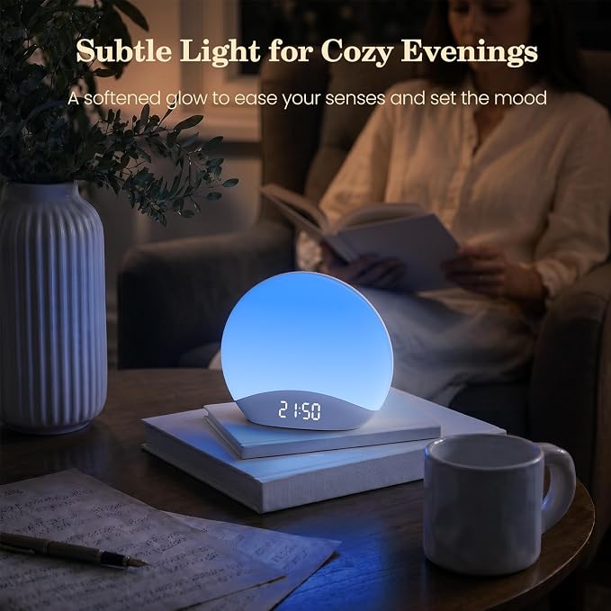 REACHER Sound Machine Sunrise Alarm Clock with Night Light, 26 Nature Inspired Sleep Sounds, 0-100% Dimmable Clock, Sunrise Lamp, Wake Up Light, Brown/Pink/White Noise Machine for Babys, Adults, Kids