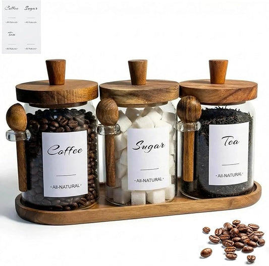 3-Pack 20oz Glass Coffee Container Set - Clear Airtight Canister with Wooden Lid Spoon Tray Labels, Food Storage Jar for Coffee Bean, Tea, Sugar, Housewarming Gift