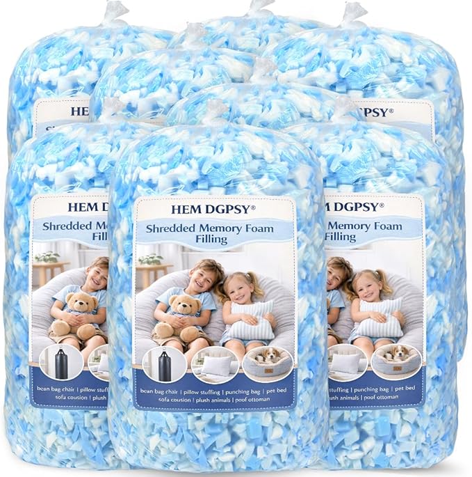Shredded Memory Foam Filling - Premium Soft Bean Bag Filler, 40lbs Blue & White Pillow Stuffing for Couch Cushion, Dog Bed, Chair - High Density, No Chemical Smell, Easy to Use