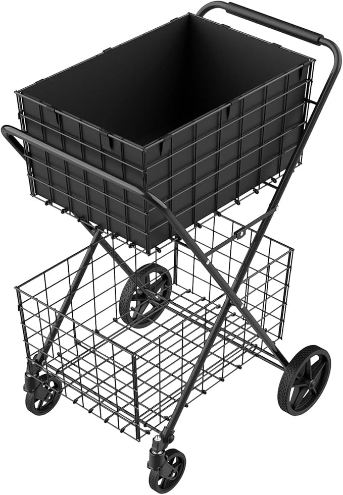 [𝐍𝐄𝐖] 2-Tier Extra Large Collapsible Grocery Cart On Wheels, 400lbs Shopping Cart for Groceries with 2 Removable Baskets, Waterproof Liner, Heavy Duty Foldable Shopping Utility Cart for Seniors