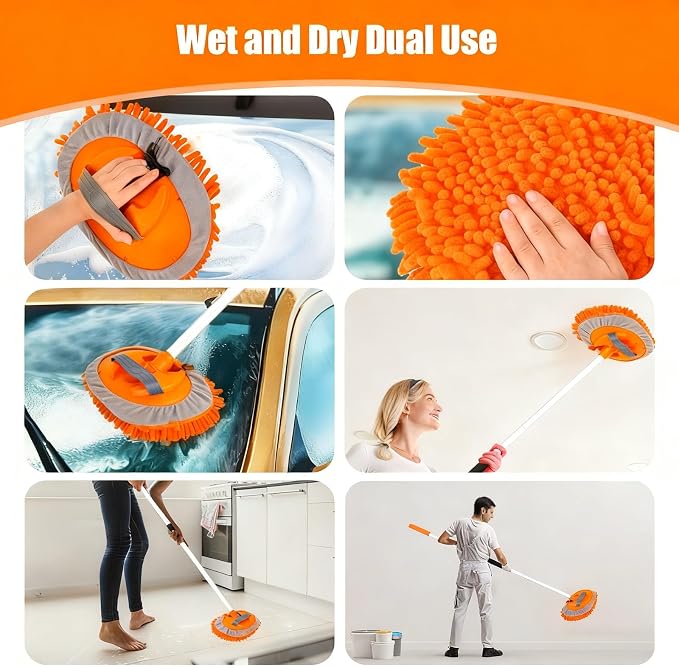 62" Car Wash Brush with Long Handle Car Cleaning Brush Kit Car Cleaning Supplies Kit Car Washing Duster Tools Accessories, 1 Chenille Scratch-Free Replacement Head Aluminum Alloy Pole (Orange)