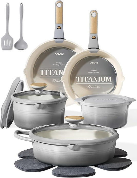 CAROTE 17Pcs Titanium Cookware Set, Pots and Pans Set Non Stick, Kitchen Cooking Set with Detachable Handle, Non Toxic Induction Cookware, Dishwasher/Oven Safe