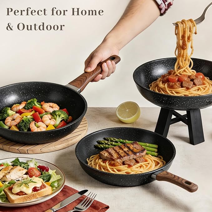 Frying Pans Skillet - 9 Pieces Nonstick Frying Pan Set Includes 3 Sizes (8"/ 10"/ 12"), PFOA Free, Induction & Oven Safe, Easy to Clean for Home Daily Cooking