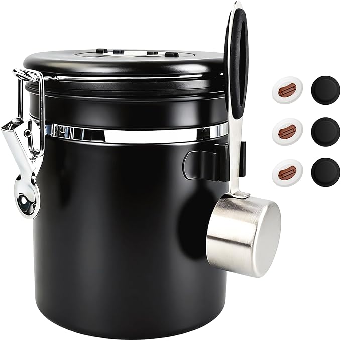 ShanSon Coffee Canister Airtight Coffee Container Stainless Steel Coffee Bean Storage Container with Scoop Coffee Canister for Beans Grounds Sugar Flour Tea Cereal,16OZ, Black